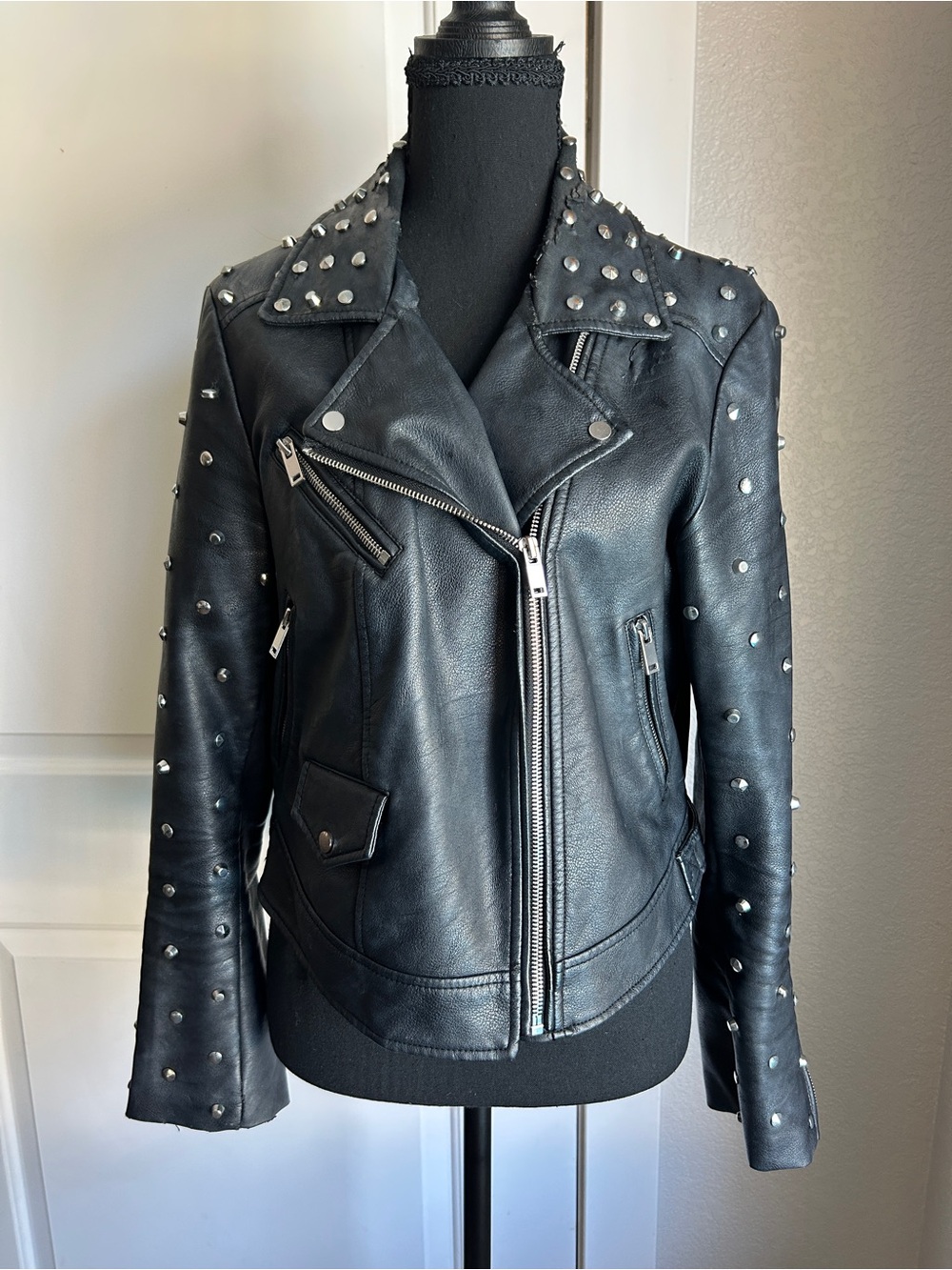 Zara Black Studded Leather Jacket with Embroidered Sugar Skull Back - Picture 2 of 7
